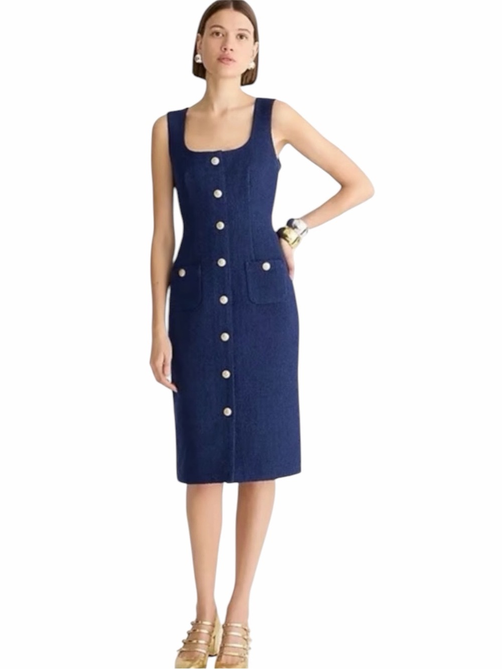 J.Crew Sophia Dress Womens Size 10 Navy Blue Sleeveless Midi Sheath Tweed